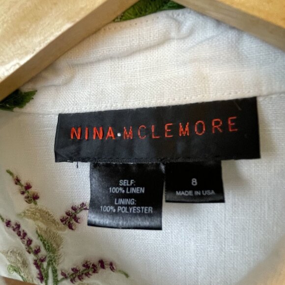 Nina McLemore White Linen Jacket Size 8 Embroidered Floral Blouse White Resort - Picture 2 of 10